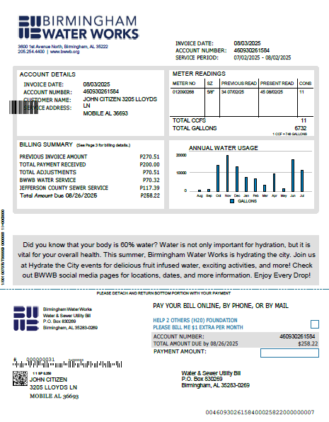United Kingdom Birmingham Water utility bill template in Word and PDF formats, version 2